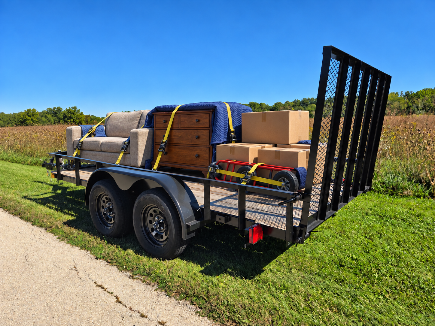 Trailer loaded with a couch, dresser, moving boxes and a hand truck, strapped down with yellow tie-downs